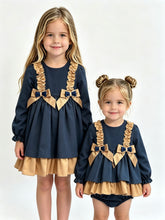 Load image into Gallery viewer, Ceyber Girls Navy &amp; Tan Double Bow Dress