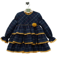 Load image into Gallery viewer, Marta Older Girls Mustard &amp; Navy Pom Dress