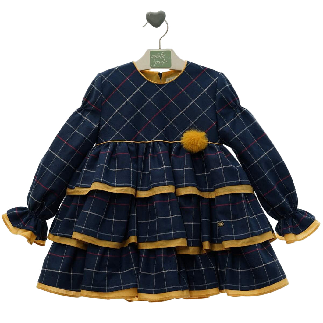 Marta Older Girls Mustard & Navy Pom Dress