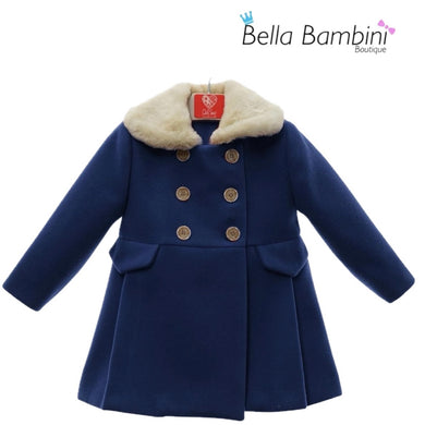 Del Sur Girls Woollen Navy Fur Collar Coat