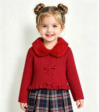 Load image into Gallery viewer, Mayoral Girls Red Faux Fur Collar Cardigan