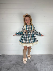 Ceyber Girls Double Bow Green and Tan Dress