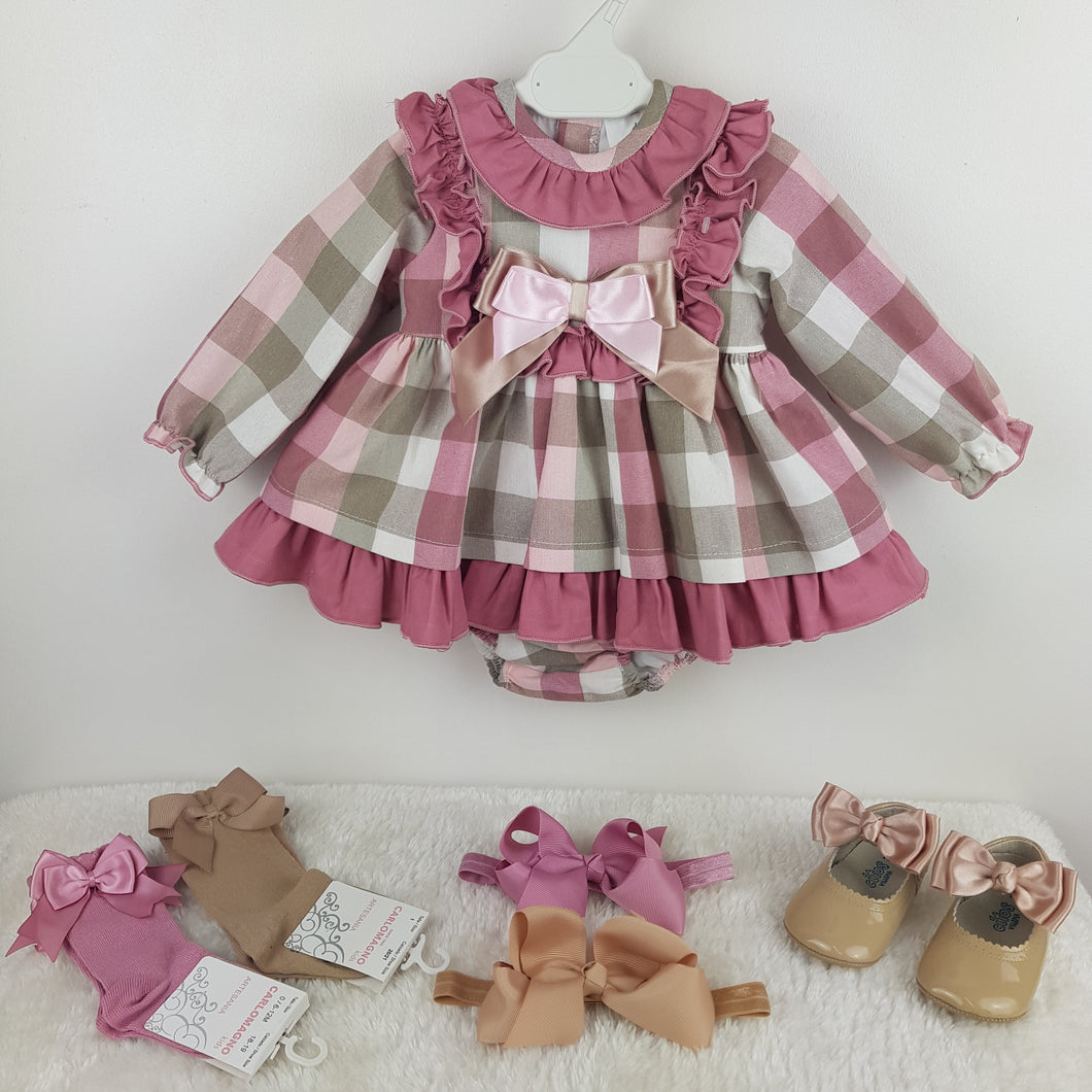 Ceyber Baby Girls Pink and Tan Check Dress 3M-36M
