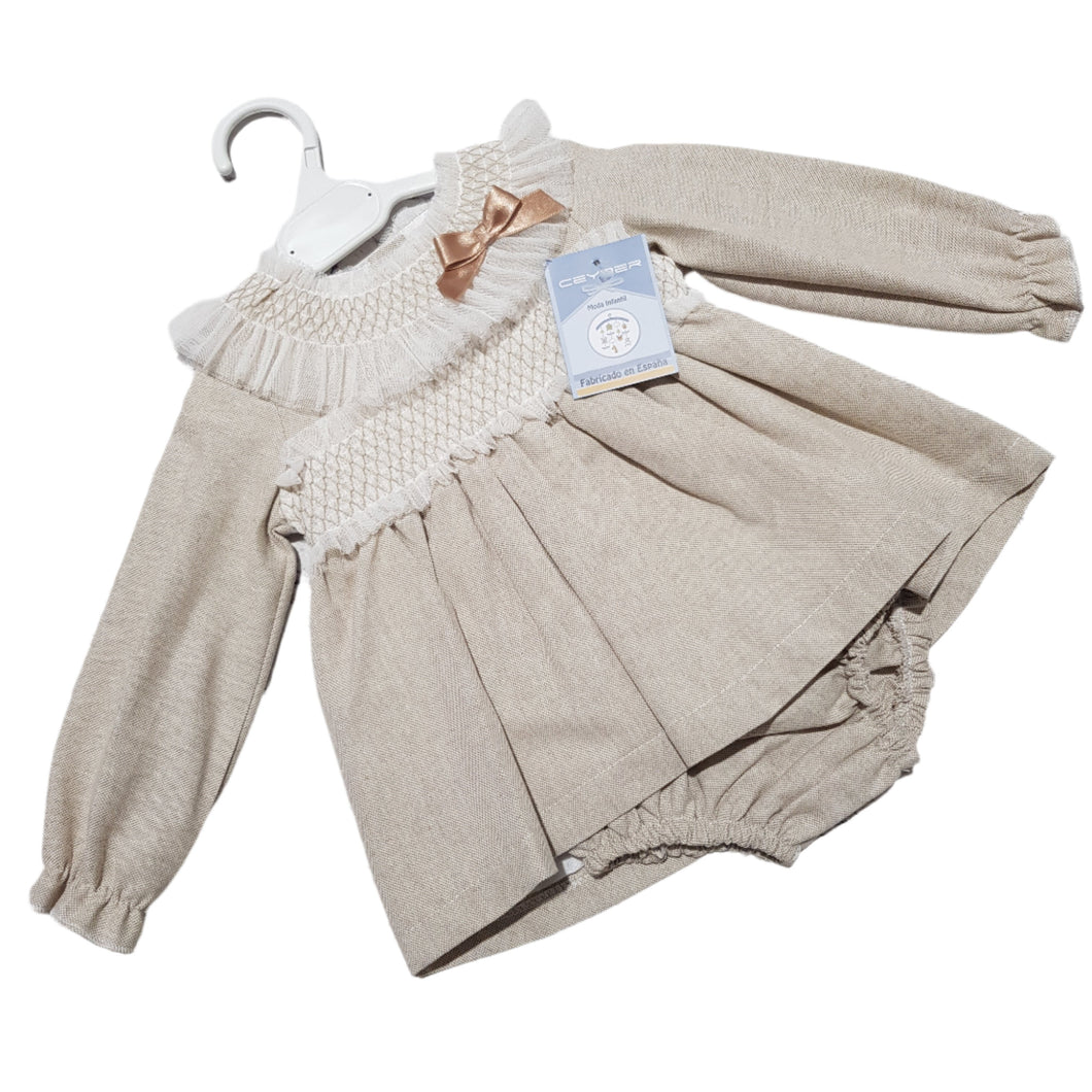 Ceyber Baby Girls Beige Smocked Dress