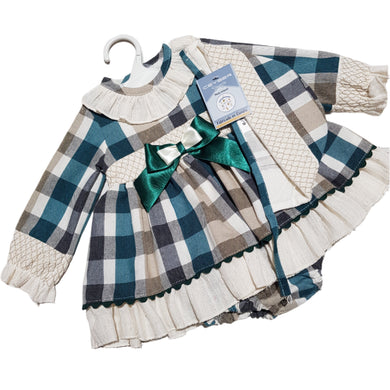 Ceyber Baby Girls Green and Tan Check Dress