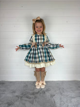 Load image into Gallery viewer, Ceyber Girls Double Bow Green and Tan Dress