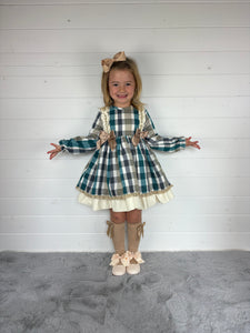 Ceyber Girls Double Bow Green and Tan Dress