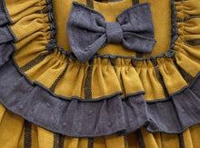 Load image into Gallery viewer, Ceyber Girls Mustard &amp; Navy Stripe Bib Style Dress