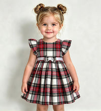 Load image into Gallery viewer, Kinder Girls White Tartan Satin Trim Dress
