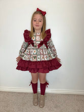 Load image into Gallery viewer, PRE ORDER Ceyber Girls Burgundy Christmas Patch Work Ruffle Dress