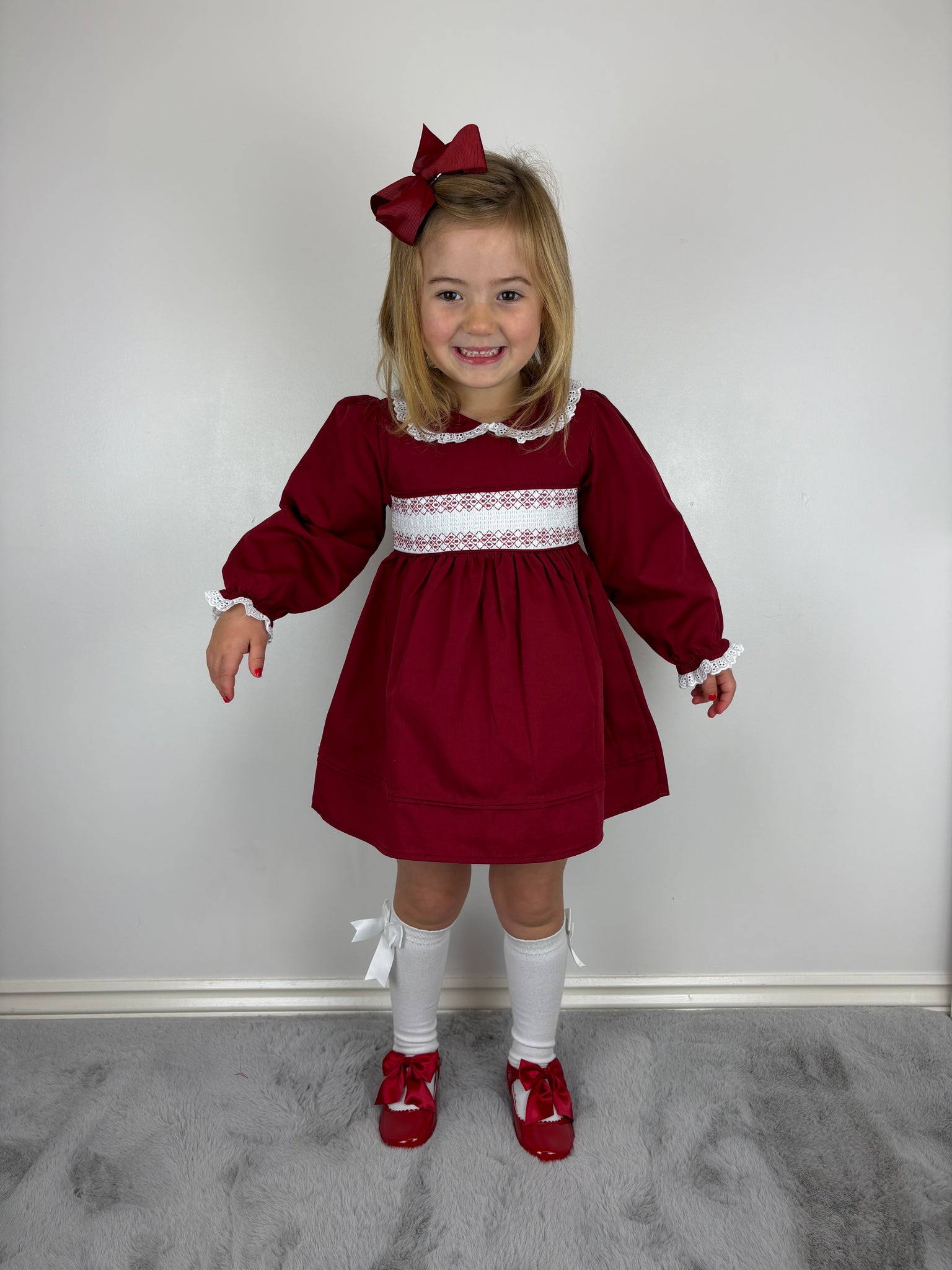 Mabini Girls Burgundy Smock Dress Bella Bambini Mabini Girls Burgundy Smock Dress Bella Bambini