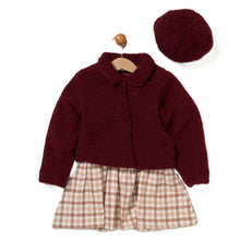 Load image into Gallery viewer, Willow &amp; Whistle Girls Burgundy Boucle Fur Jacket 3 Piece Dress Set