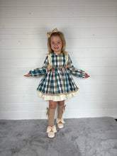 Load image into Gallery viewer, Ceyber Girls Double Bow Green and Tan Dress