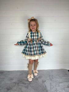 Ceyber Girls Double Bow Green and Tan Dress