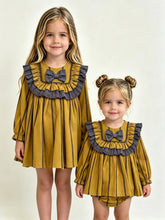 Load image into Gallery viewer, Ceyber Girls Mustard &amp; Navy Stripe Bib Style Dress