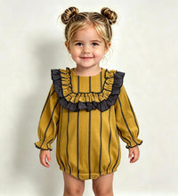 Load image into Gallery viewer, Ceyber Girls Mustard &amp; Navy Stripe Bib Style Romper