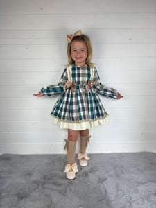 Ceyber Girls Double Bow Green and Tan Dress