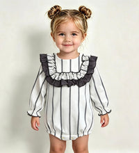 Load image into Gallery viewer, Ceyber Girls White &amp; Grey Stripe Bib Style Romper