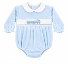 Load image into Gallery viewer, Kleo Kids Blue Velour Train Romper