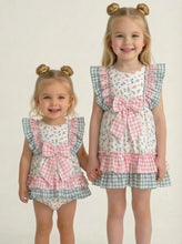 Load image into Gallery viewer, Ceyber Girls Peach Floral Gingham Dress