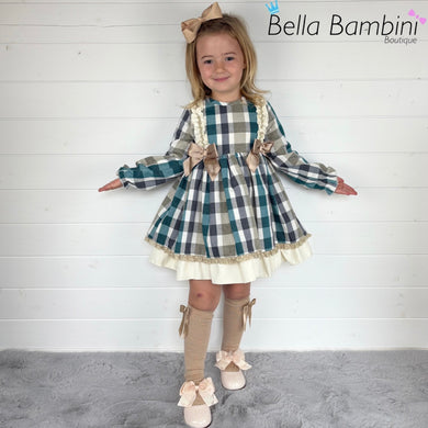 Ceyber Girls Double Bow Green and Tan Dress