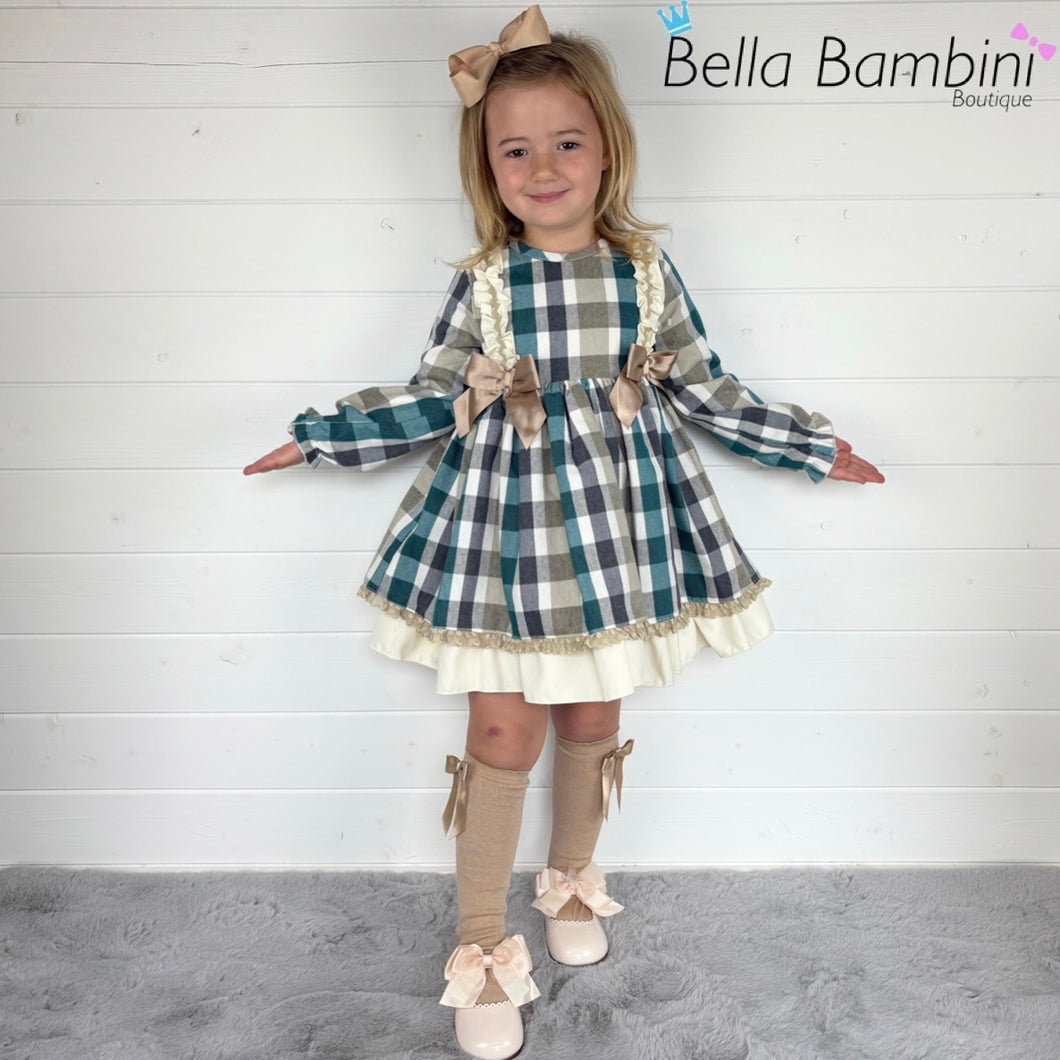 Ceyber Girls Double Bow Green and Tan Dress