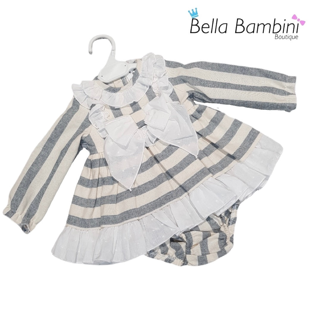 Ceyber Baby Girls Cream and Grey Stripe Dress