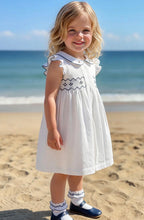 Load image into Gallery viewer, Beau Kid Girls White and Navy Smocked Dress