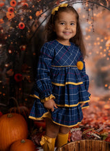 Load image into Gallery viewer, Marta Older Girls Mustard &amp; Navy Pom Dress