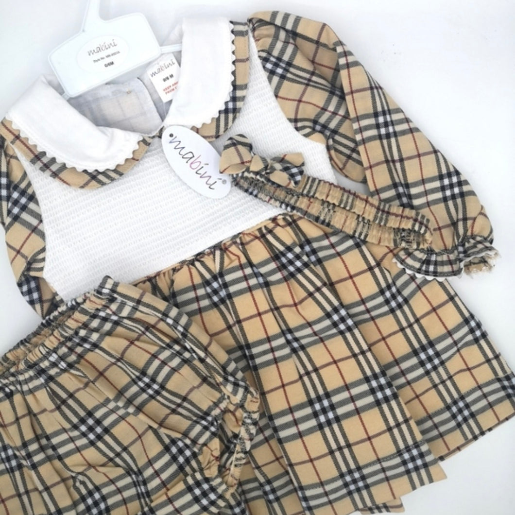 Mabini Girls Beige Check Smock Dress