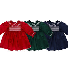 Load image into Gallery viewer, PRE ORDER Deolinda Navy Velvet Smocked Dress