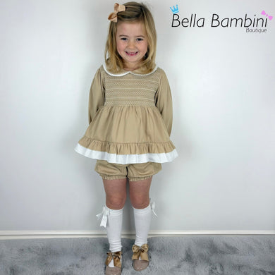 Mabini Girls Beige Bloomer Dress Smock
