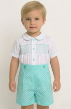 Load image into Gallery viewer, Mabini Boys Mint Spot Smock Set