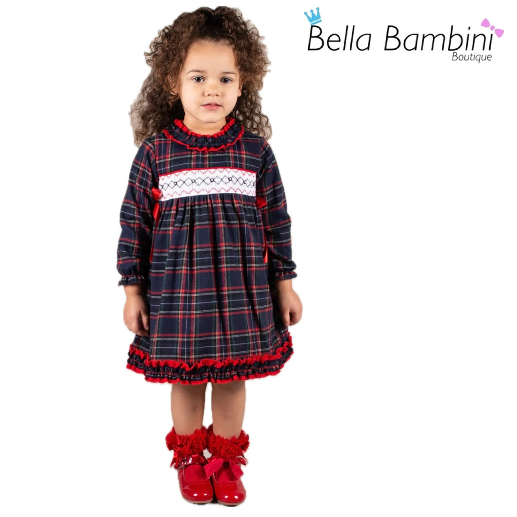 Beau Kids Girls Navy Tartan Smocked Dress