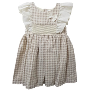 Ceyber Girls Tan Check Frill Shoulder Dress