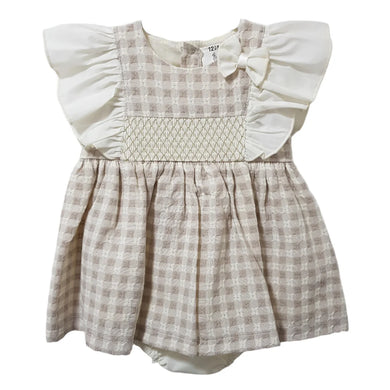 Ceyber Girls Tan Check Frill Shoulder Dress