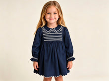 Load image into Gallery viewer, PRE ORDER Deolinda Navy Velvet Smocked Dress