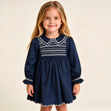 Load image into Gallery viewer, PRE ORDER Deolinda Navy Velvet Smocked Dress