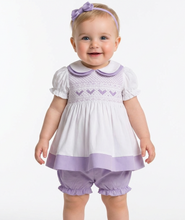 Load image into Gallery viewer, Mabini Girls White &amp; Lilac Smock Dress