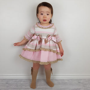 Ceyber Baby Girls Pink and Tan Sleeved Dress 3M-36M