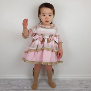 Ceyber Baby Girls Pink and Tan Sleeved Dress 3M-36M