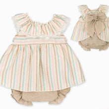 Load image into Gallery viewer, Calamaro Baby Girls Beige Stripe Dress 3M-36M