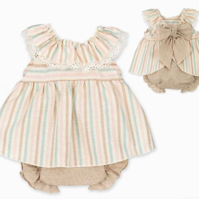 Calamaro Baby Girls Beige Stripe Dress 3M-36M